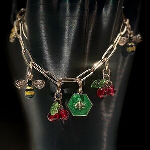 Gold Bee Charm Bracelet with Green and Red Accents